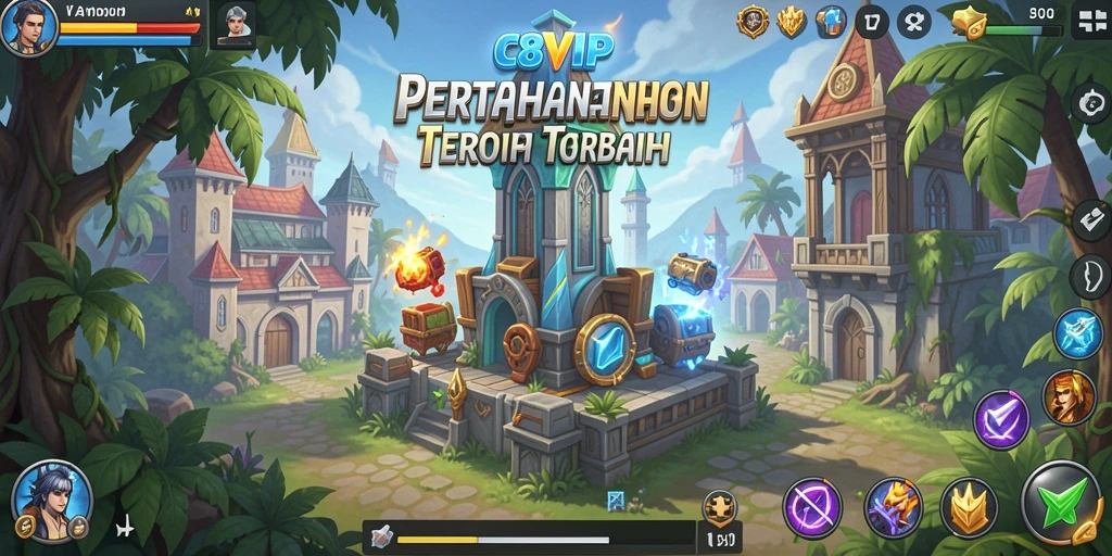 Tampilan permainan seru dengan menara pertahanan dan gelombang musuh.