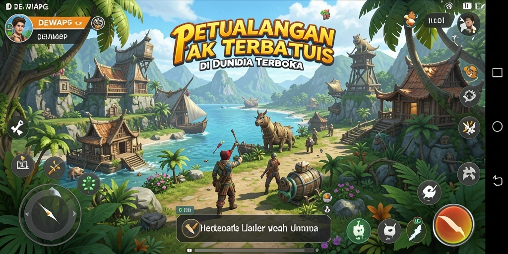 Screenshot menunjukkan pemain menjelajahi alam dunia terbuka DEWAPG.