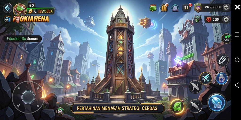 Screenshot permainan HOKIARENA menunjukkan aksi menegangkan dari pertahanan menara melawan serangan musuh.
