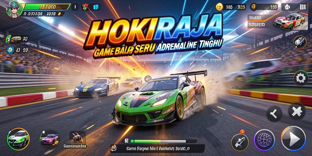 Gameplay mendebarkan di HOKIRAJA dengan mobil balap yang cepat.