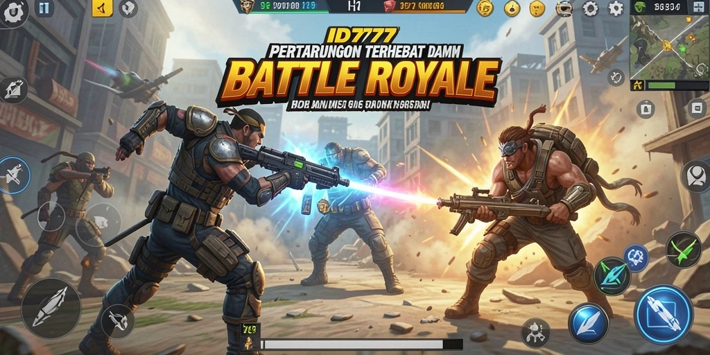 Tangkapan layar utama ID777 menunjukkan aksi pertarungan Battle Royale yang mendebarkan.