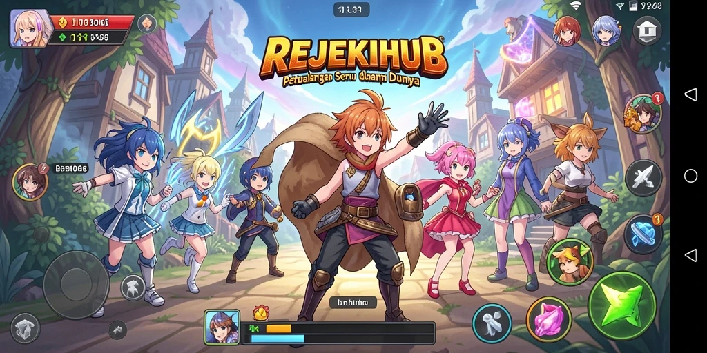 Tampilan gameplay seru dari REJEKIHUB dengan karakter anime berwarna-warni.