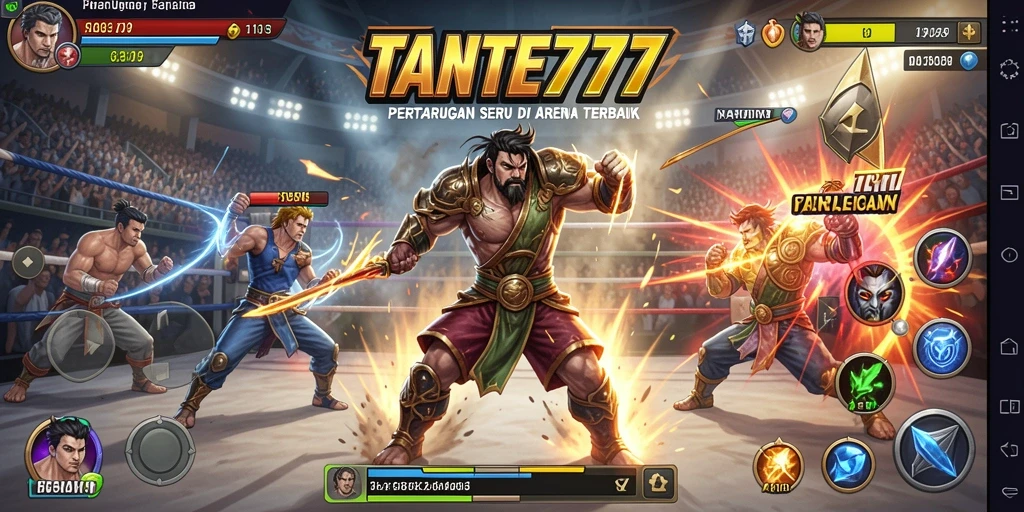 Tampilan gameplay TANTE777 dengan pertarungan seru dan karakter beragam.