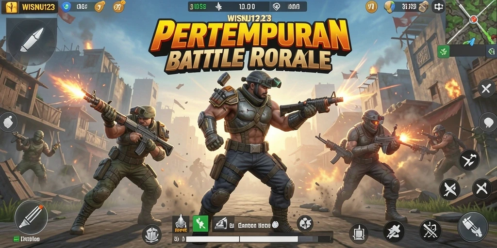 Tangkapan layar gameplay <strong>WISNU123</strong> menunjukkan aksi seru dalam mode Battle Royale.